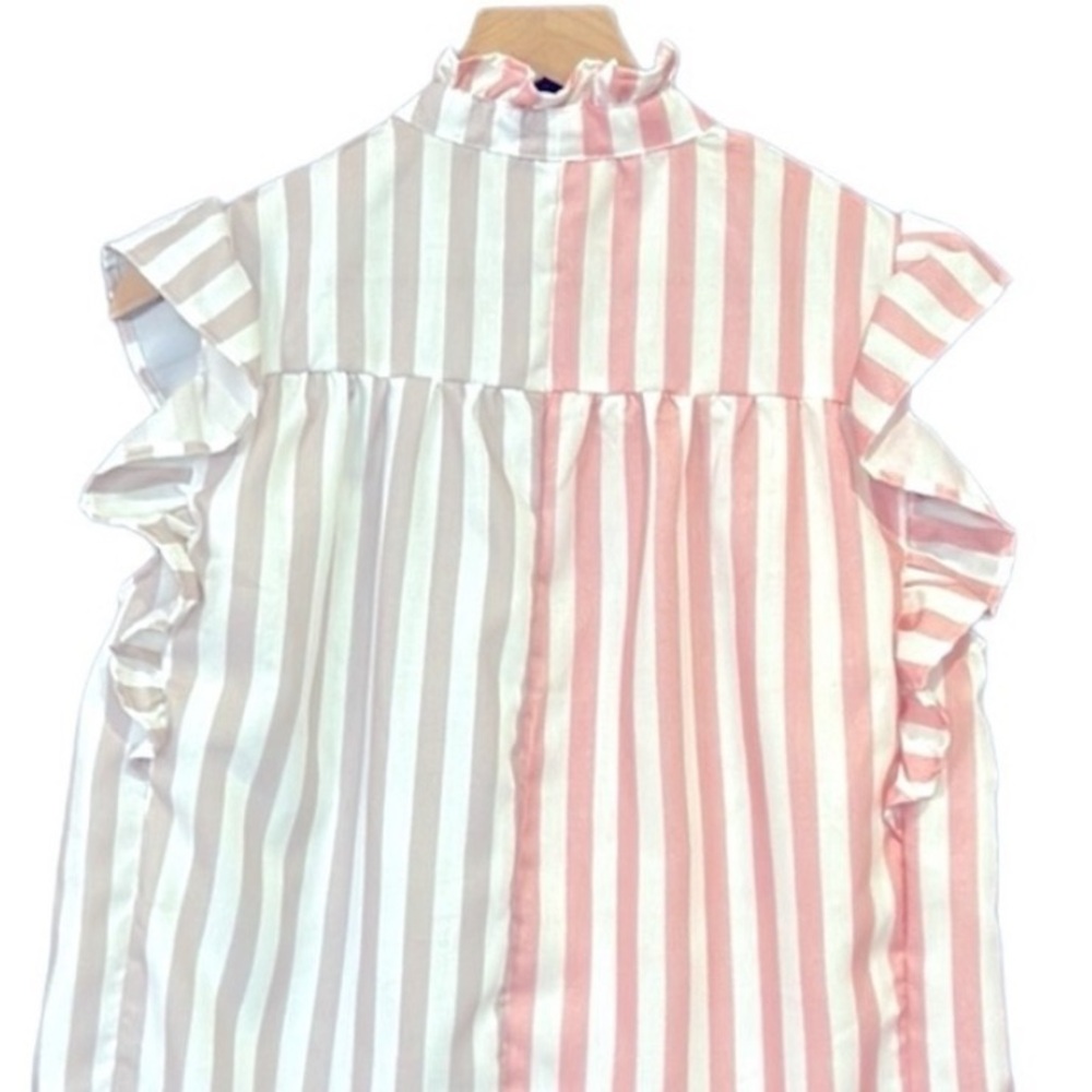 Mazik Cotton Pastel Ruffle Sleeve Button Down Stripe Shirt Size Medium - Picture 9 of 13